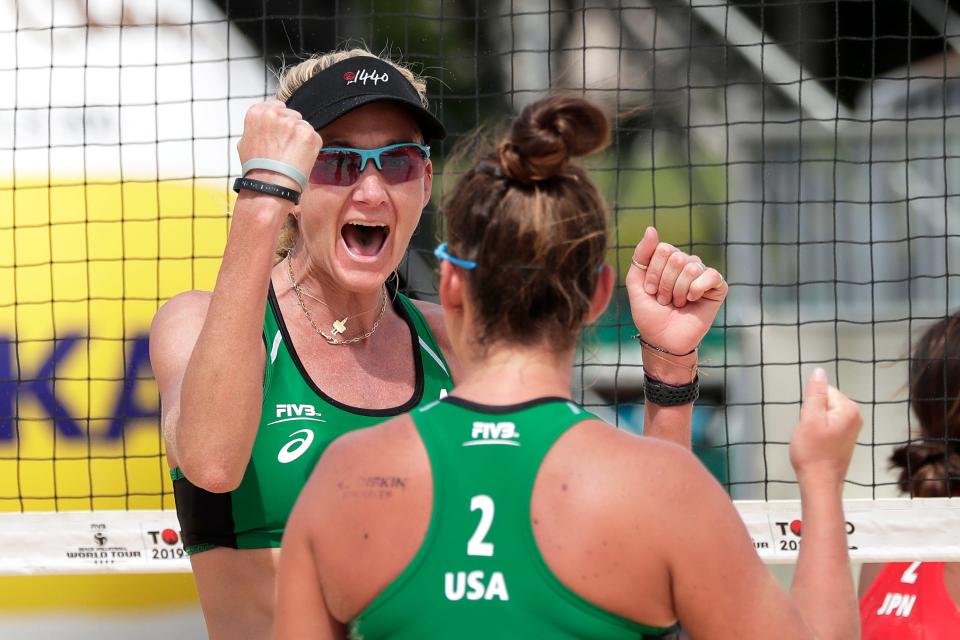 Kerri Walsh Jennings (L) and Brooke Sweat of the United States react in the Womens Pool F match against Miki Ishii and Megumi Murakami of Japan on day three of the FIVB Volleyball World Tour Tokyo, Tokyo 2020 Olympic Games Test Event, at Shiokaze Park on July 26, 2019.
