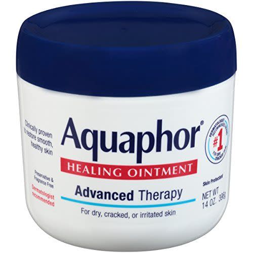 <p><strong>Aquaphor</strong></p><p>amazon.com</p><p><strong>$26.80</strong></p><p><a href="https://www.amazon.com/dp/B006IB5T4W?tag=syn-yahoo-20&ascsubtag=%5Bartid%7C10055.g.26290428%5Bsrc%7Cyahoo-us" rel="nofollow noopener" target="_blank" data-ylk="slk:Shop Now;elm:context_link;itc:0;sec:content-canvas" class="link ">Shop Now</a></p><p>For super dry spots, reach for this <a href="https://www.goodhousekeeping.com/institute/about-the-institute/a22148/about-good-housekeeping-seal/" rel="nofollow noopener" target="_blank" data-ylk="slk:Good Housekeeping Seal;elm:context_link;itc:0;sec:content-canvas" class="link ">Good Housekeeping Seal</a> star formulated with panthenol and glycerin that locks in moisture without the tacky texture of traditional petroleum jelly products. <strong>Smooth it on wherever skin is dry or cracked,</strong> from lips to cuticles. </p>