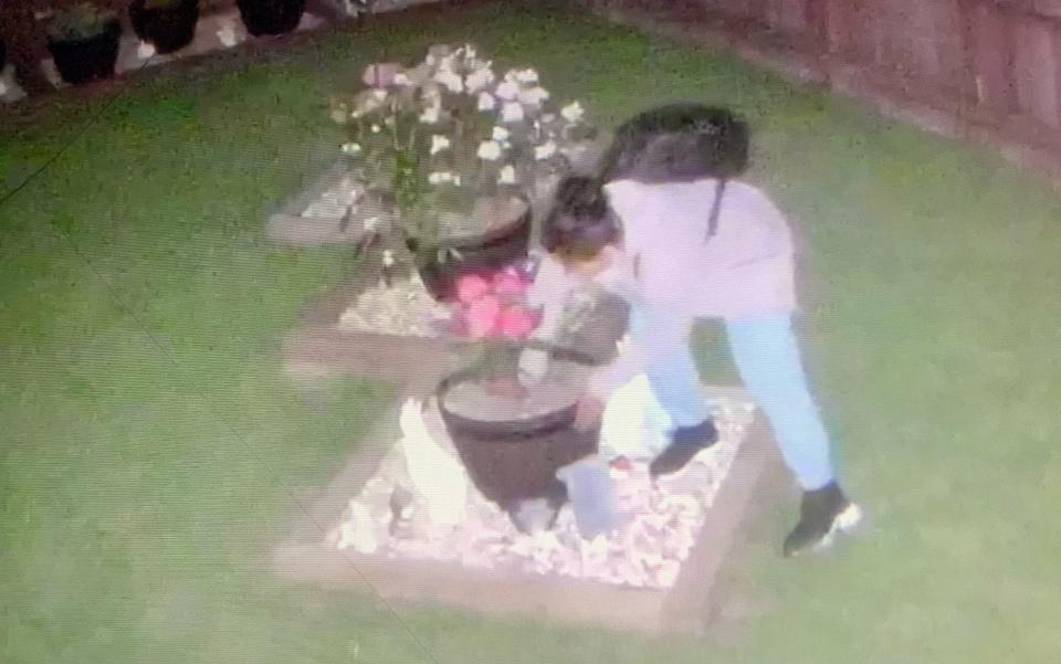 Woman in a garden with her hand inside a plant pot - Karon March / SWNS