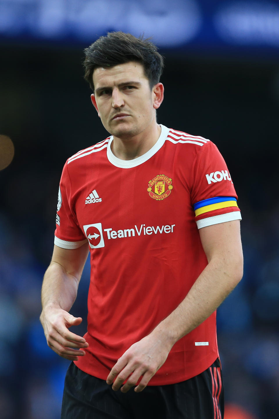 Captain Harry Maguire (pictured) looks frustrated during the Premier League match between Manchester City and Manchester United.