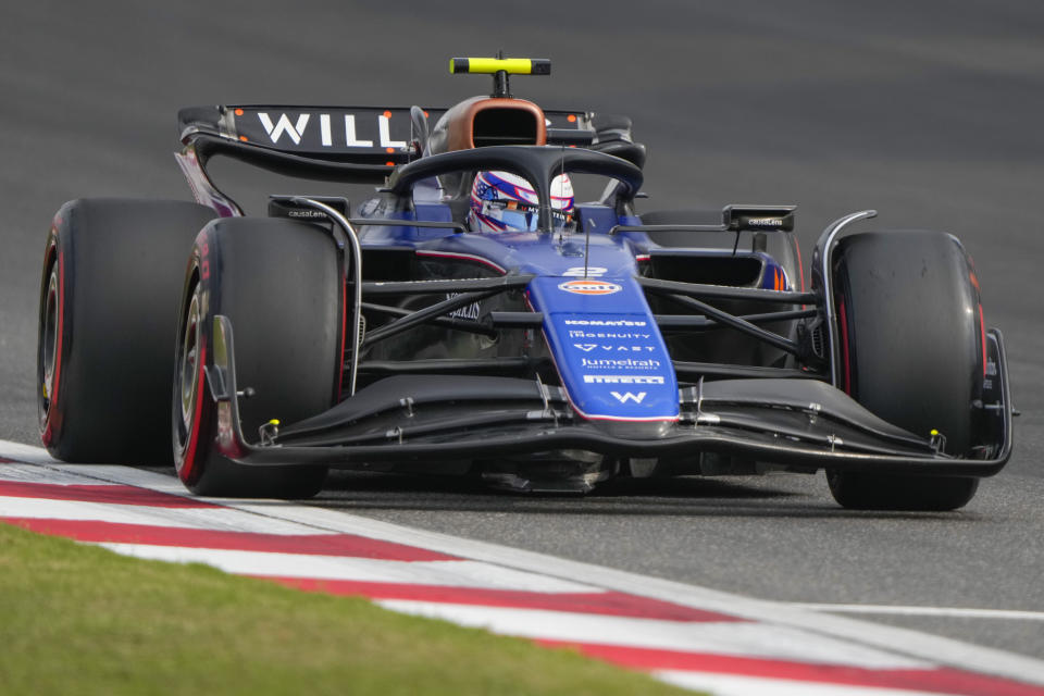 Williams driver Logan Sargeant of the US steers his car during qualifying at the Chinese Formula One Grand Prix at the Shanghai International Circuit, Shanghai, China, Saturday, April 20, 2024. (AP Photo/Andy Wong)