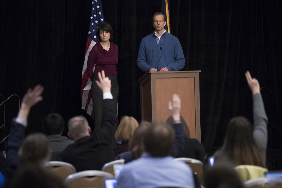 Rep. Cathy McMorris Rodgers, R-Wash., accompanied by Sen. John Thune, R-S.D., take questions from members of the media during a news conference at the Republican congressional retreat in Philadelphia, Wednesday, Jan. 25, 2017. (AP Photo/Matt Rourke)