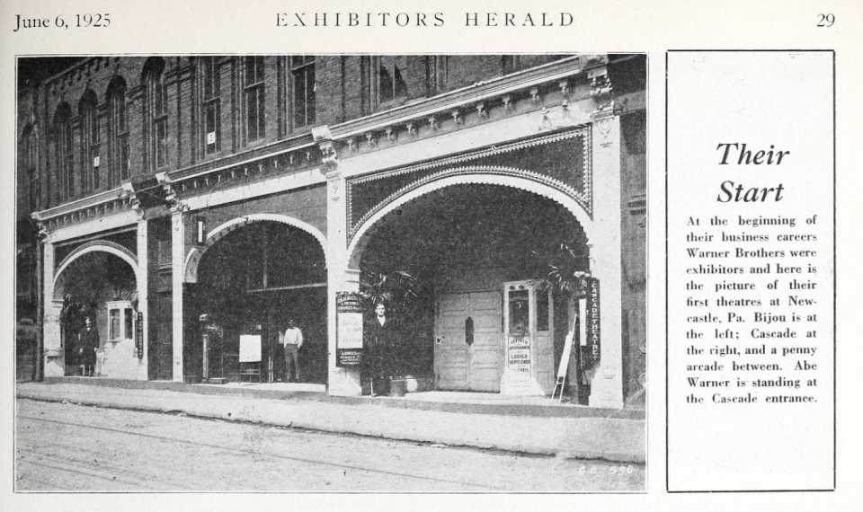 An<em> Exhibitors Herald</em> article from 1925, including a photo of Albert Warner at one of their first theaters.