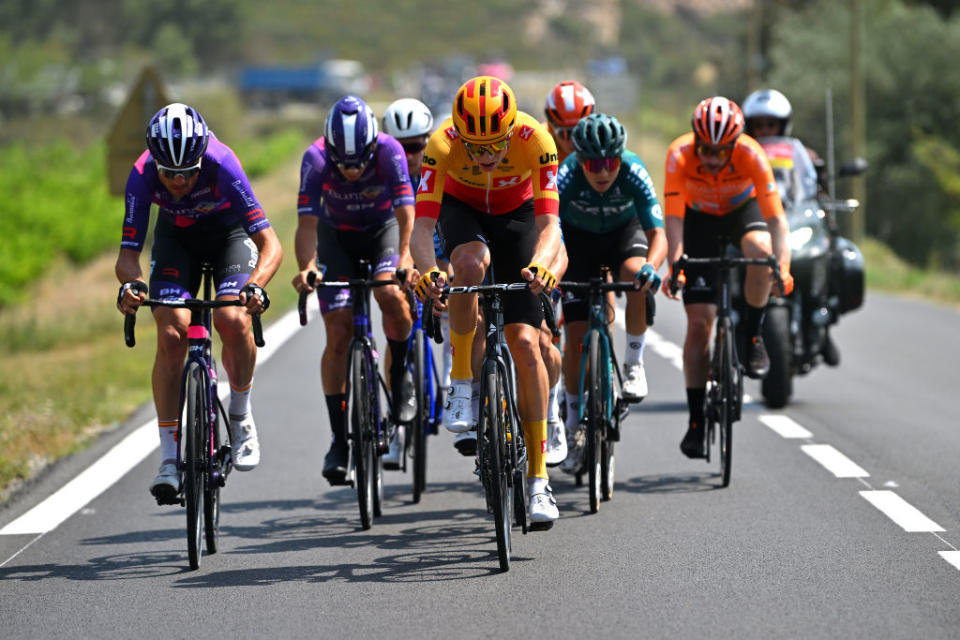 GRUISSAN FRANCE  JUNE 15 Jacob Hindsgaul of Denmark and Team UnoX Pro Cycling competes in the breakaway during the 47th La Route DOccitanieLa Depeche Du Midi 2023 Stage 1 a 1843km stage from Narbonne to Gruissan on June 15 2023 in Gruissan France Photo by Luc ClaessenGetty Images