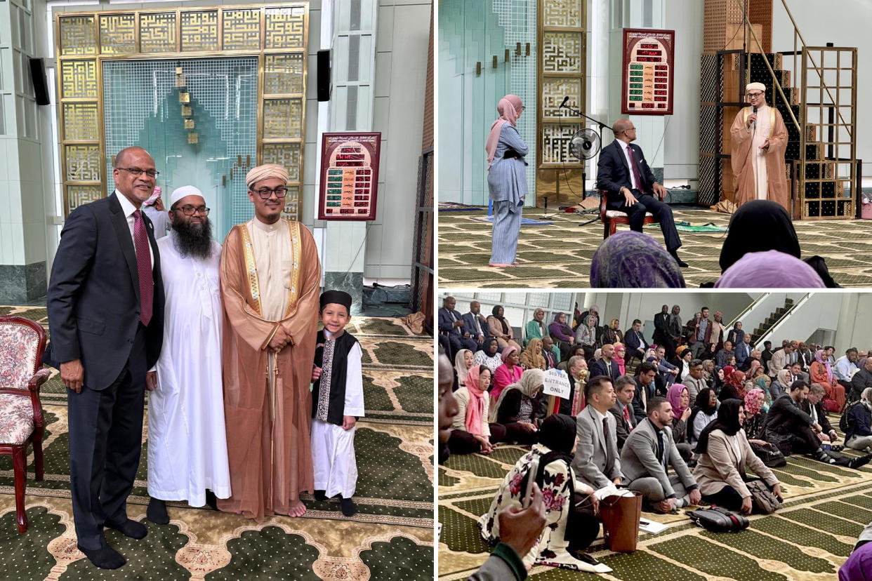 Banks with imam and mosque leaders at left; Banks before crowd at mosque at top right; crowd gathered on floor at bottom right