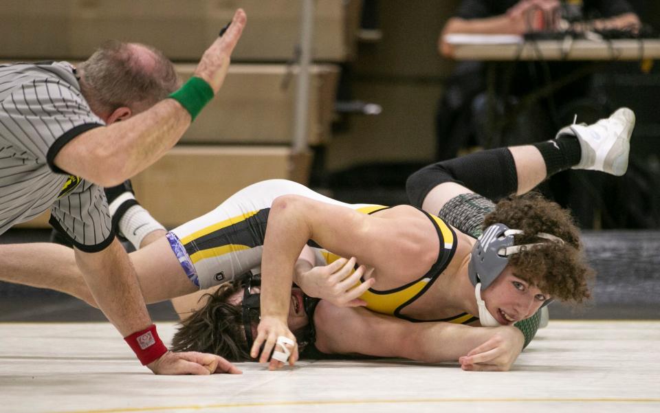 St. John Vianney freshman Anthony Knox (top) pinned Raritan's Avery Rafalko Monday night during the Lancers' 47-28 win that enabled them to clinch a tie for the Shore Conference Class A Central championship.