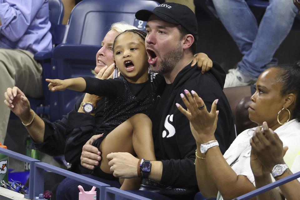 Alexis Ohanian, husband of Serena Williams of USA and their daughter Olympia Ohanian Jr during day 1 of the US Open 2022
