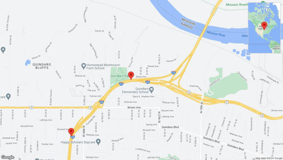 A detailed map that shows the affected road due to 'Heavy rain prompts traffic advisory on westbound I-635 in Kansas City' on May 19th at 10:53 p.m.