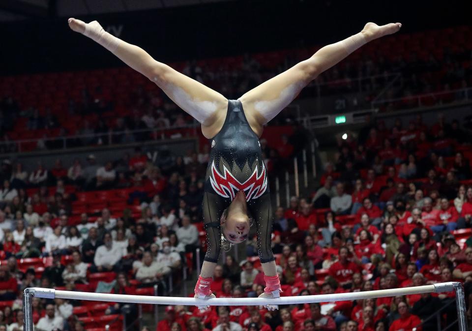 Utah’s Makenna Smith competes on the bars during a gymnastics meet against Boise State at the Huntsman Center in Salt Lake City on Friday, Jan. 5, 2024. Utah won. | Kristin Murphy, Deseret News