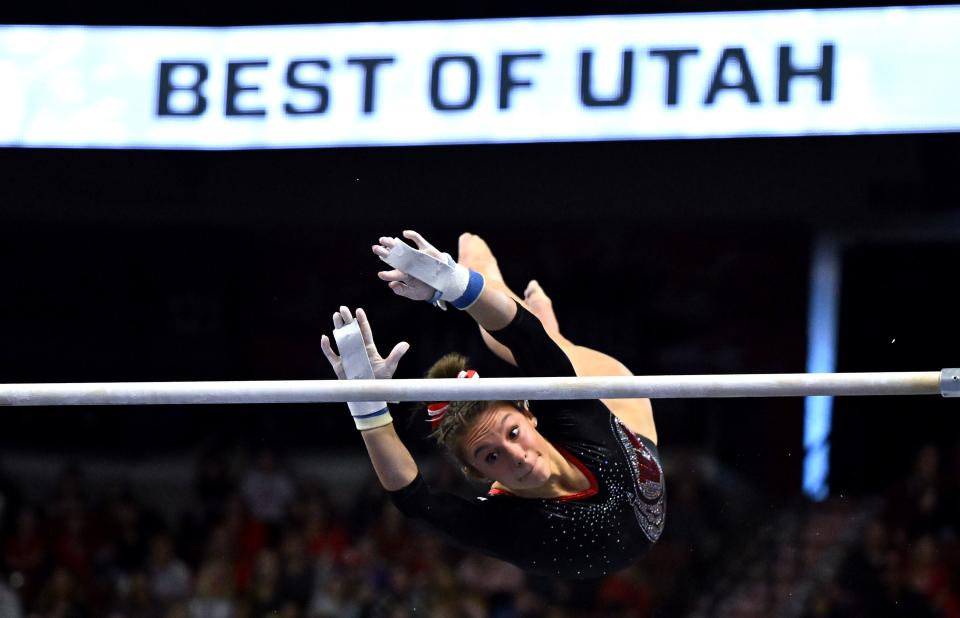 Utah’s Grace McCallum performs her bars routine as BYU, Utah, SUU and Utah State meet in the Rio Tinto Best of Utah Gymnastics competition at the Maverick Center in West Valley City on Monday, Jan. 15, 2024. | Scott G Winterton, Deseret News