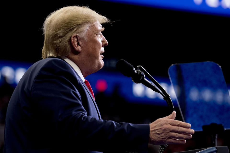 President Donald Trump speaks at a campaign rally at American Airlines Arena in Dallas, Texas, Thursday, Oct. 17, 2019. (AP Photo/Andrew Harnik)