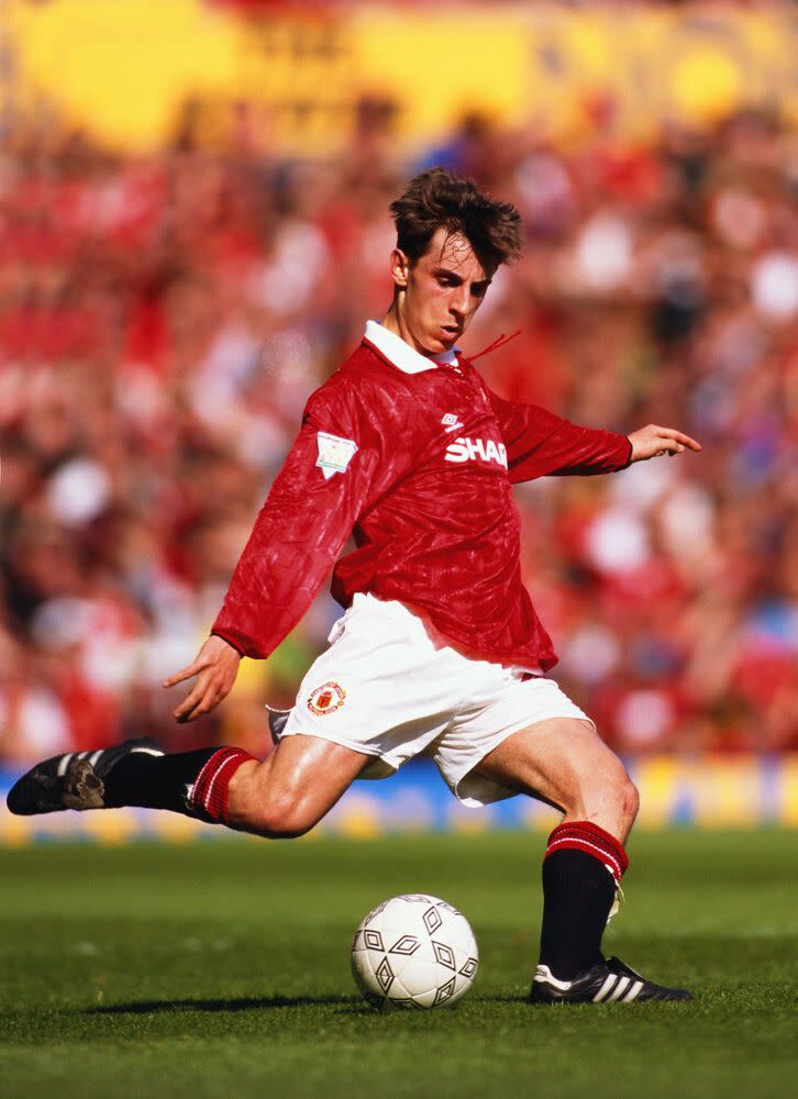 gary neville during an fa premier league match between manchester united and coventry, at old trafford, 1994 photo by david cannon, allsport, getty