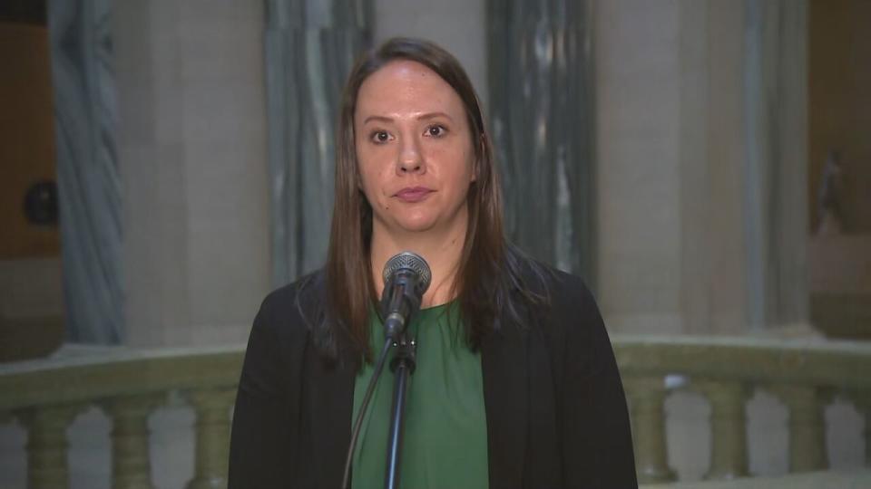 Samantha Becotte, president of the Saskatchewan Teachers' Federation, says she is disappointed the provincial government won't agree to binding arbitration. She was speaking during a scrum with reporters at the Saskatchewan Legislature on Thursday, March 14, 2024.