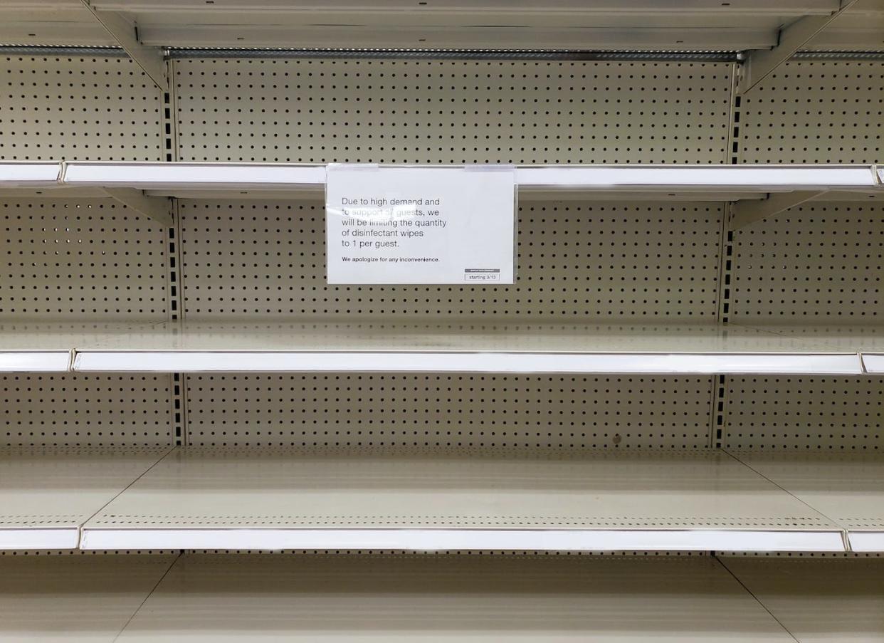 A frequent sight during the pandemic. <a href="https://media.gettyimages.com/photos/sign-on-empty-store-shelf-for-disinfectant-wipes-picture-id1218072768?k=20&m=1218072768&s=612x612&w=0&h=vkWeMQxrhGIYfwkhI3vqGiGSURD14jYCecJPosoqPWw=" rel="nofollow noopener" target="_blank" data-ylk="slk:Diana Haronis/Moment;elm:context_link;itc:0;sec:content-canvas" class="link ">Diana Haronis/Moment</a>