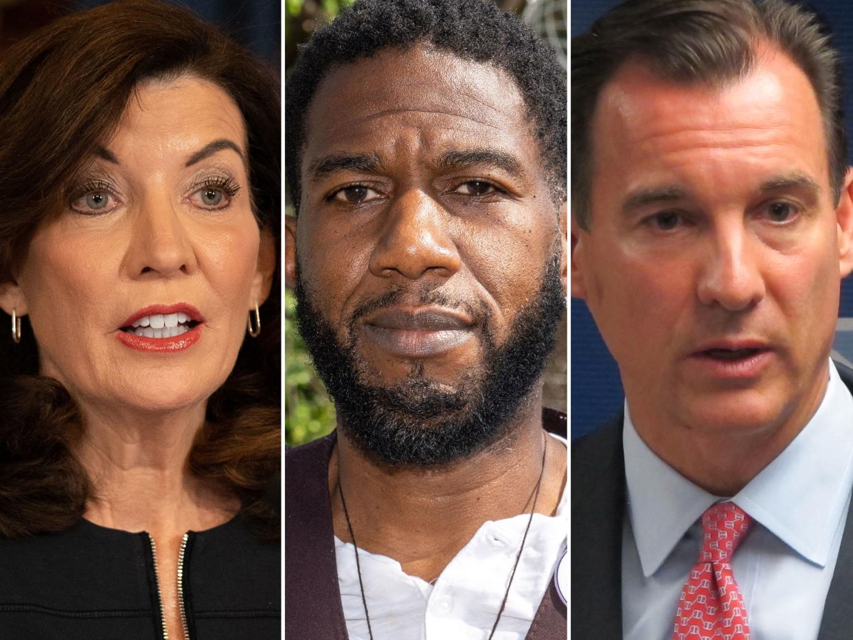 From left to right: Gov. Kathy Hochul, New York City Public Advocate Jumaane Williams and Rep. Tom Suozzi