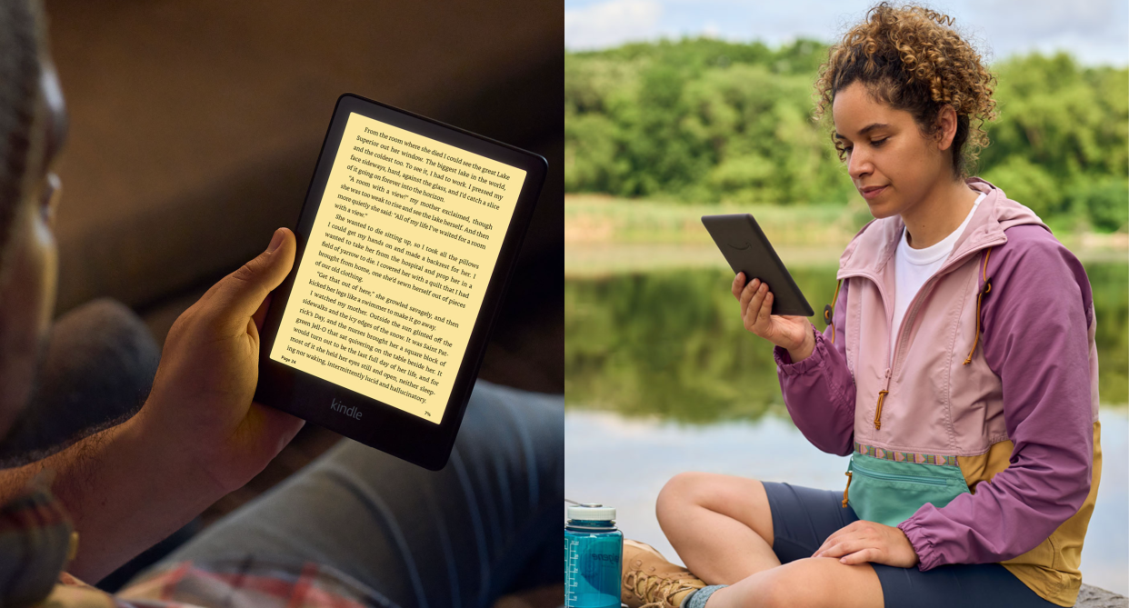 split screen of someone reading book on amazon kindle e-reader in the dark, woman reading book on tablet outside near lake