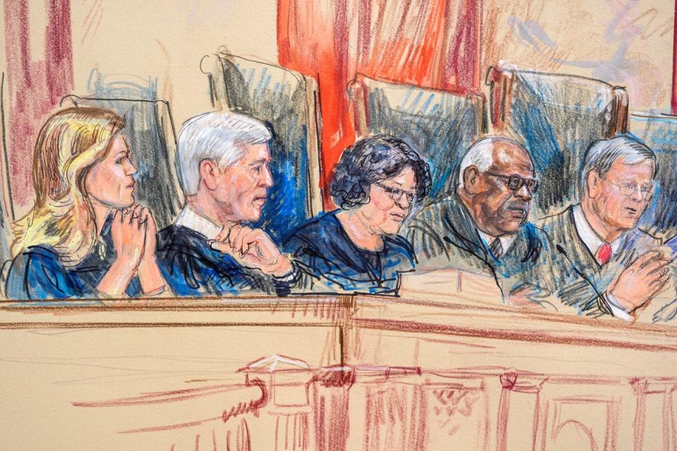 This artist sketch depicts, from left,  Associate Justice Amy Coney Barrett, Associate Justice Neil Gorsuch, Associate Justice Sonia Sotomayor, Associate Justice Clarence Thomas, and Chief Justice of the United States John Roberts (AP)