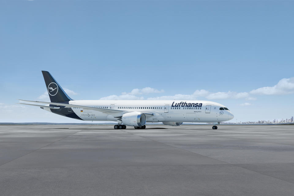 A rendering of a Boeing 787-9 in the Lufthansa livery