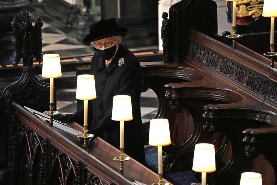 Queen Elizabeth II during the funeral of the Duke of Edinburgh in St George's Chapel, Windsor Castle, Berkshire. Picture date: Saturday April 17, 2021.