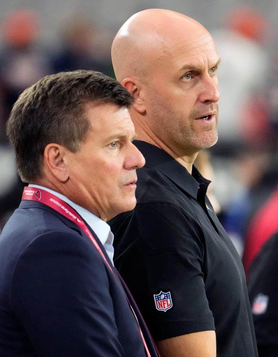 Arizona Cardinals president Michael Bidwill and general manager Monti Ossenfort during a preseason game against the Denver Broncos at State Farm Stadium in Glendale on Aug. 11, 2023.