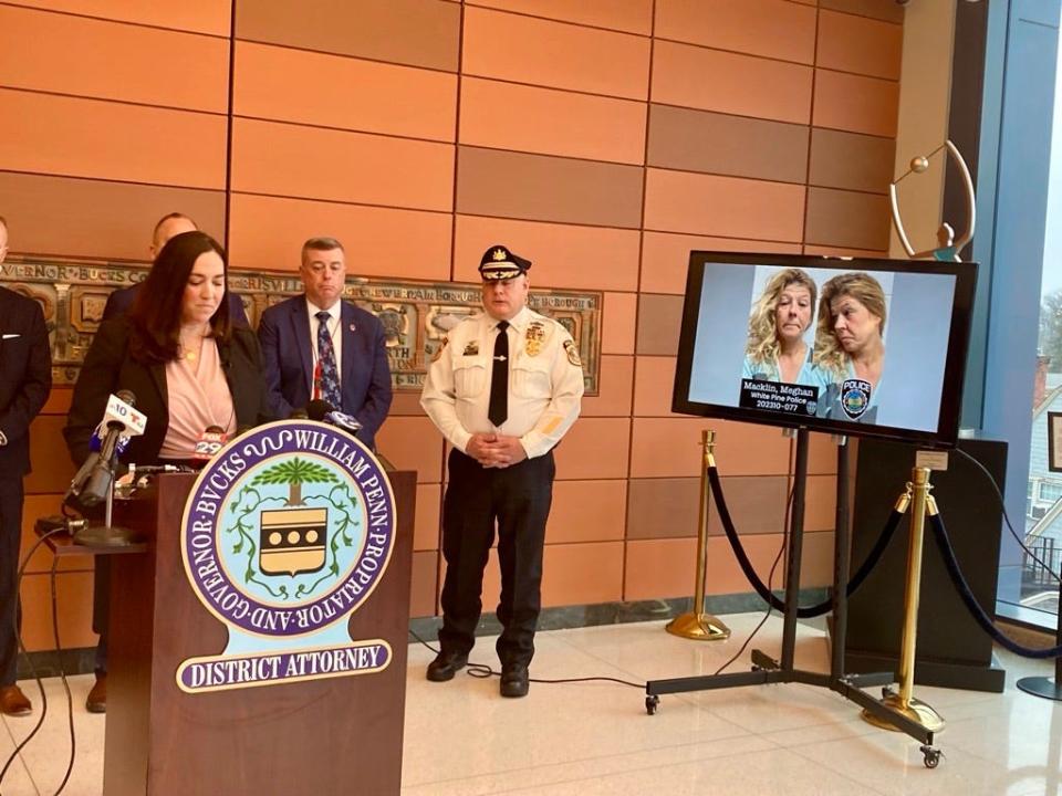 Bucks County District Attorney Jennifer Schorn addresses the media about the arrest of Meghan Macklin in the murder of her friend Richard MacFarland, of Wrighstown, during a news conference Wednesday, March 6, 2024.