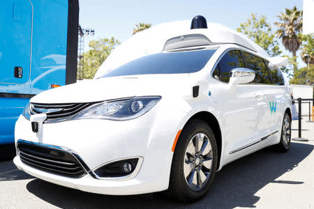 FILE PHOTO: A Waymo self-driving car is seen during the annual Google I/O developers conference in Mountain View, California, May 8, 2018. REUTERS/ Stephen Lam/File Photo