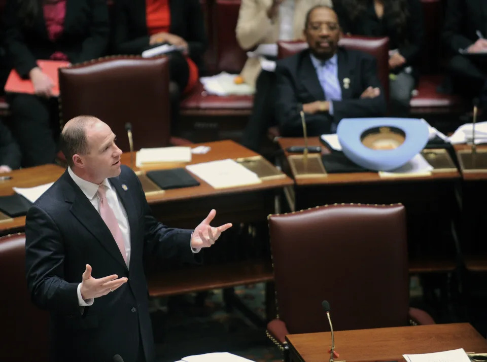 FILE - Sen. Timothy Kennedy, D-Buffalo, left, speaks in the Senate Chamber of the state Capitol, Feb. 6, 2017, in Albany, N.Y. In a special election Tuesday, April 30, voters in upstate New York's 26th Congressional District will choose between Kennedy, a Democrat, and Gary Dickson, the first Republican elected as a town supervisor in the Buffalo suburb of West Seneca in 50 years. (AP Photo/Hans Pennink, File)