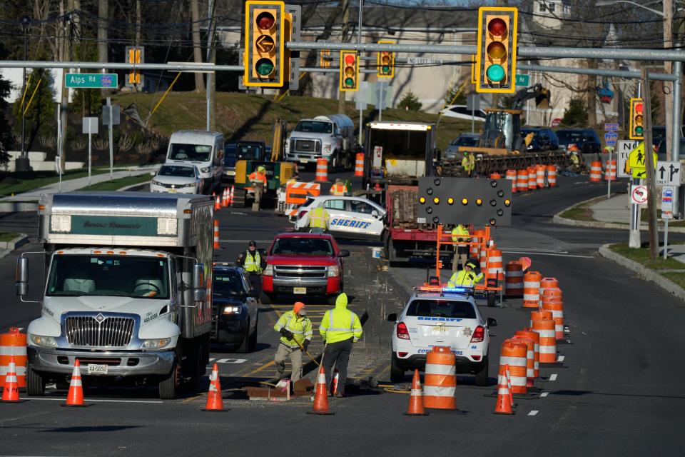 Construction crews have resumed work at the intersection of Alps Road and Hamburg Turnpike in Wayne, NJ on Monday March 25, 2024.