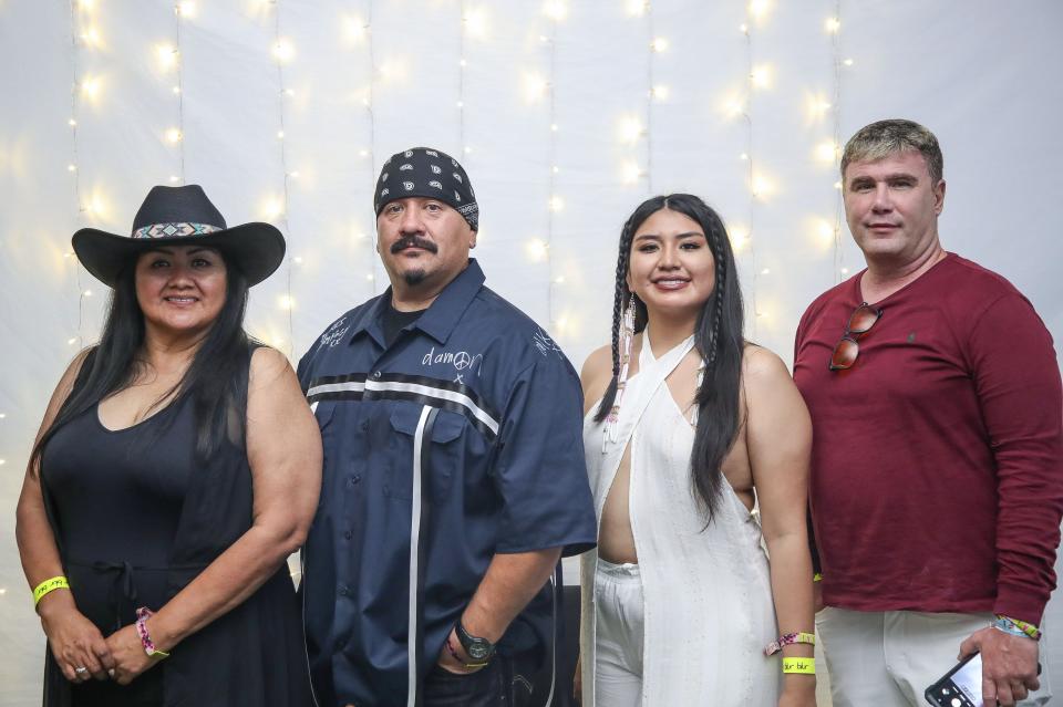 The Torres Martinez Desert Cahuilla Bird Singers and Dancers from left are Faith Morreo, Derek Duro, Kristen Butcher and Christopher Spellman at the Coachella Valley Music and Arts Festival in Indio, Calif., April 2024.
