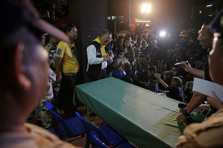 Narongsak Osottanakorn, governor of Chiang Rai province, speaks to journalists during a news conference near the Tham Luang cave complex, where 12 boys and their soccer coach are trapped, in the northern province of Chiang Rai, Thailand, July 7, 2018. REUTERS/Athit Perawongmetha