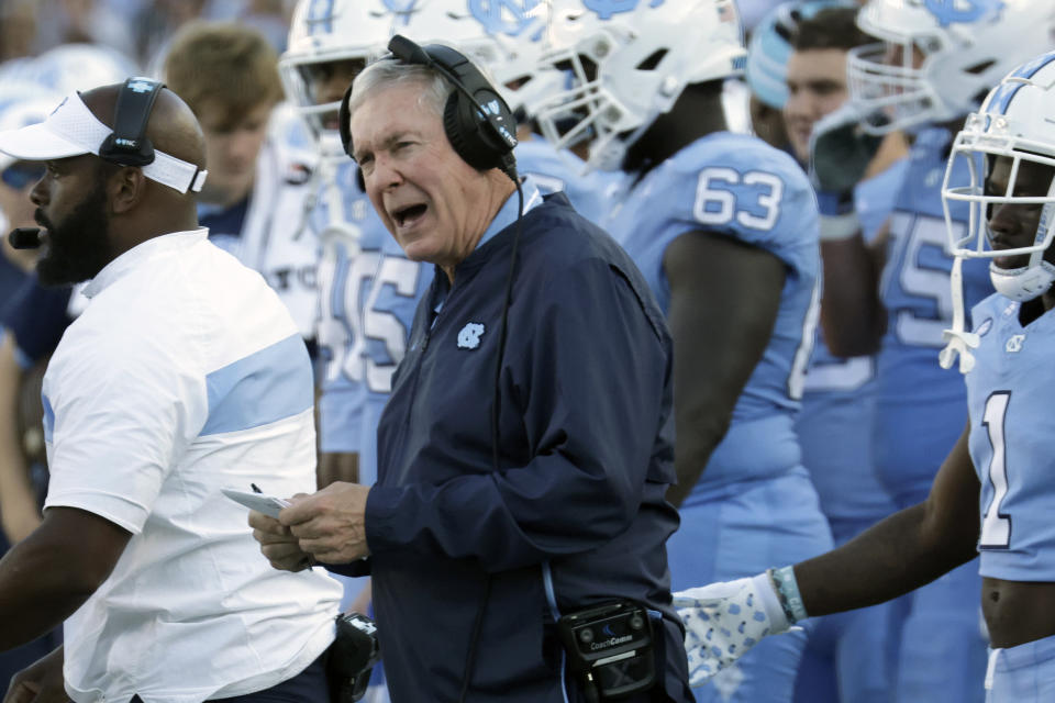 North Carolina head coach Mack Brown directs the team against Syracuse during the second half of an NCAA college football game, Saturday, Oct. 7, 2023, in Chapel Hill, N.C. (AP Photo/Chris Seward)