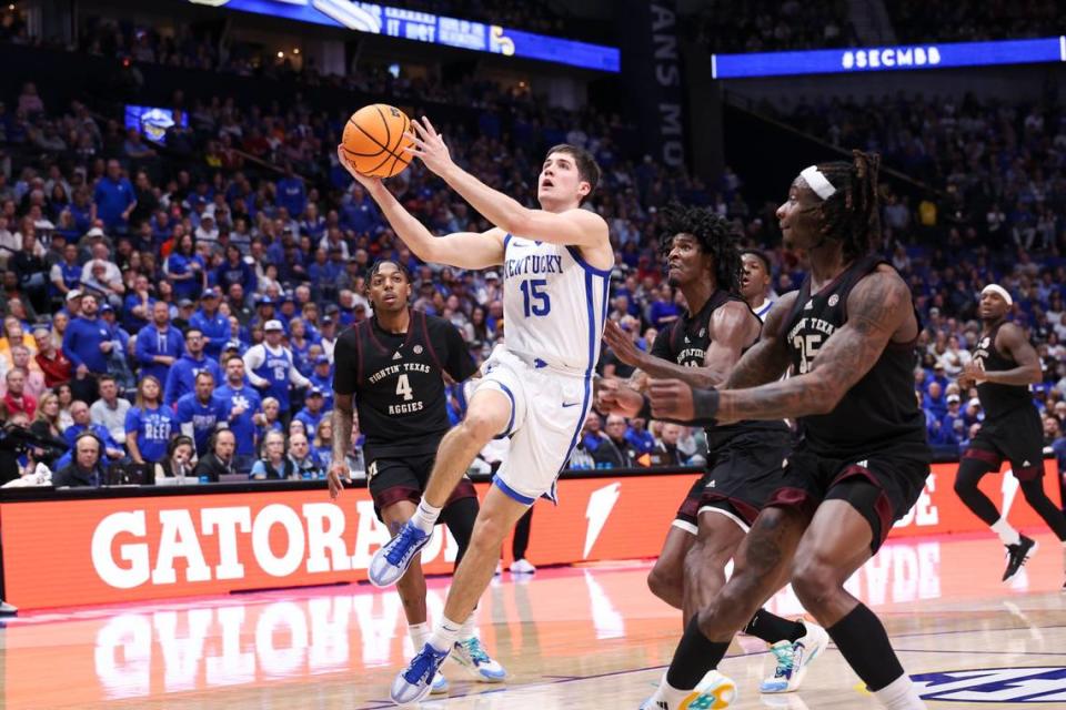Kentucky guard Reed Sheppard (15) was announced Monday as the winner of the Wayman Tisdale Award, signifying the National Freshman of the Year in men’s college basketball as voted by the members of the U.S. Basketball Writers Association.