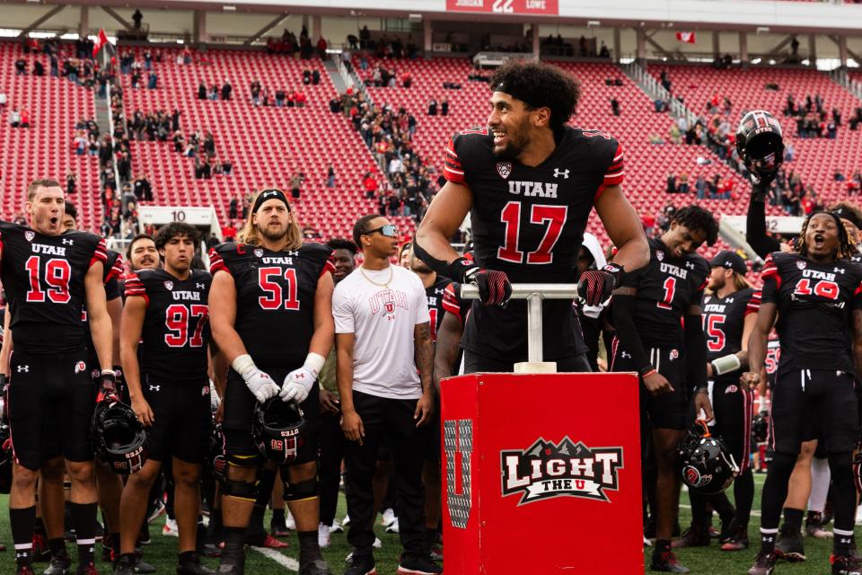Utah Utes wide receiver Devaughn Veleat lights the U after their 55-3 victory over the Arizona State Sun Devils at Rice-Eccles Stadium in Salt Lake City on Saturday, Nov. 4, 2023.