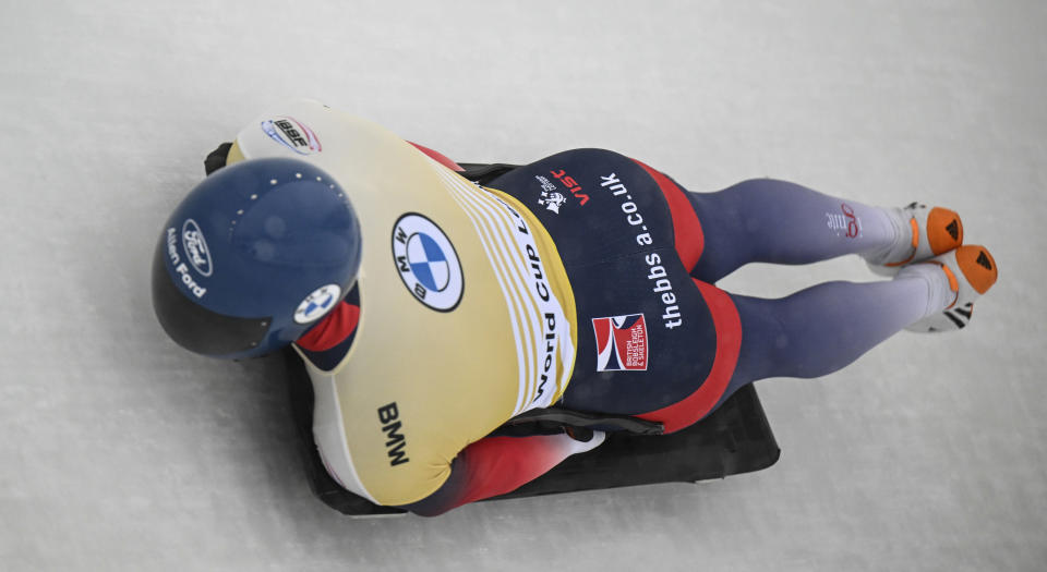 Matt Weston, of Great Britain, takes a turn during the first run of the men's skeleton World Cup race on Friday, Dec. 16, 2022, in Lake Placid, N.Y. (AP Photo/Hans Pennink)