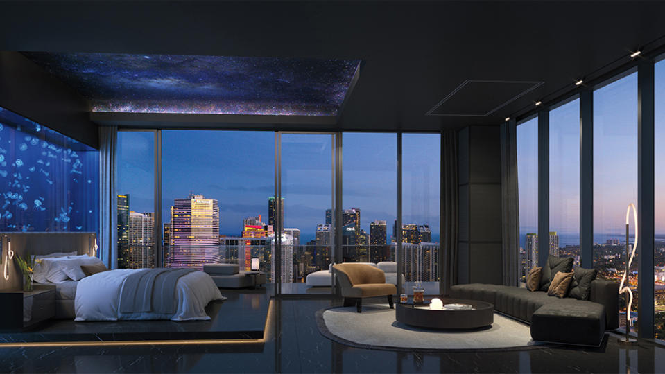 A rendering of E11even’s penthouse primary suite, complete with mood lighting and a terrace