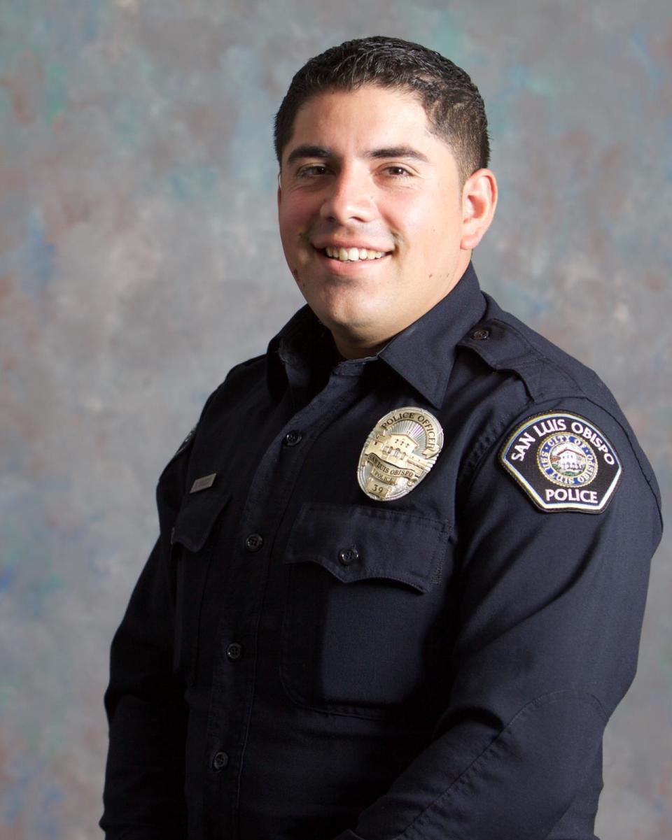 This undated photo provided by the San Luis Obispo, Calif., Police Department shows San Luis Obispo Police Detective Steve Orozco, who was shot along with his partner Det. Luca Benedetti, on Monday, May 10, 2021 while serving a warrant. Orozco who was injured in the shooting was released from the hospital and is expected to recover from his wounds. Benedetti was killed, officials said Tuesday afternoon, May 11, 2021. (San Luis Obispo Police Department via AP)