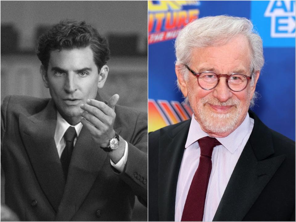 Bradley Cooper in ‘Maestro’ (left) and Steven Spielberg (Jason McDonald/Netflix/Getty Images)