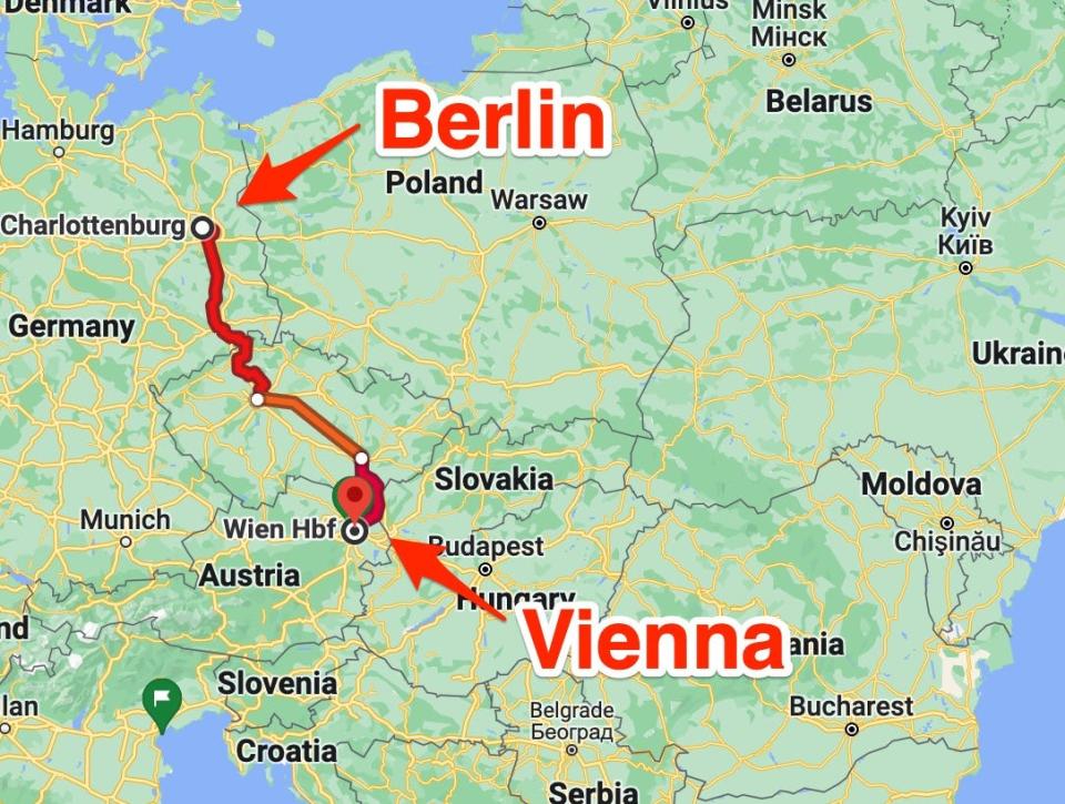 Train route from Berlin to Vienna