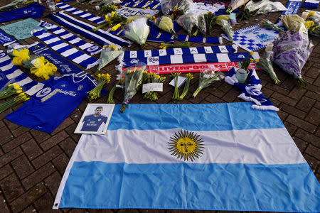 Soccer Football - Cardiff City - Cardiff City Stadium, Cardiff, Britain - January 23, 2019 General view of tributes left outside the stadium for Emiliano Sala REUTERS/Rebecca Naden