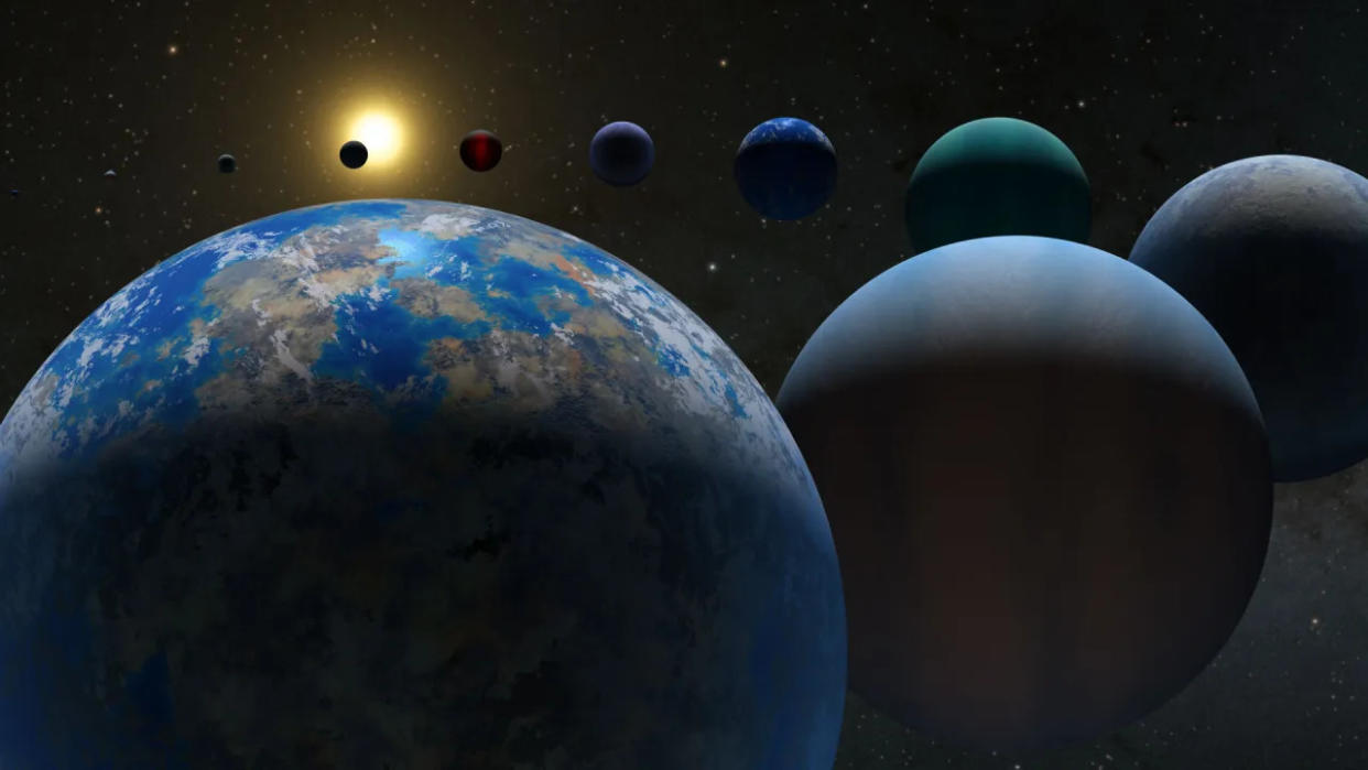  Several planets are seen in this illustration. The one closest to the viewer is large, and they gradually get smaller as you get farther into the image. 