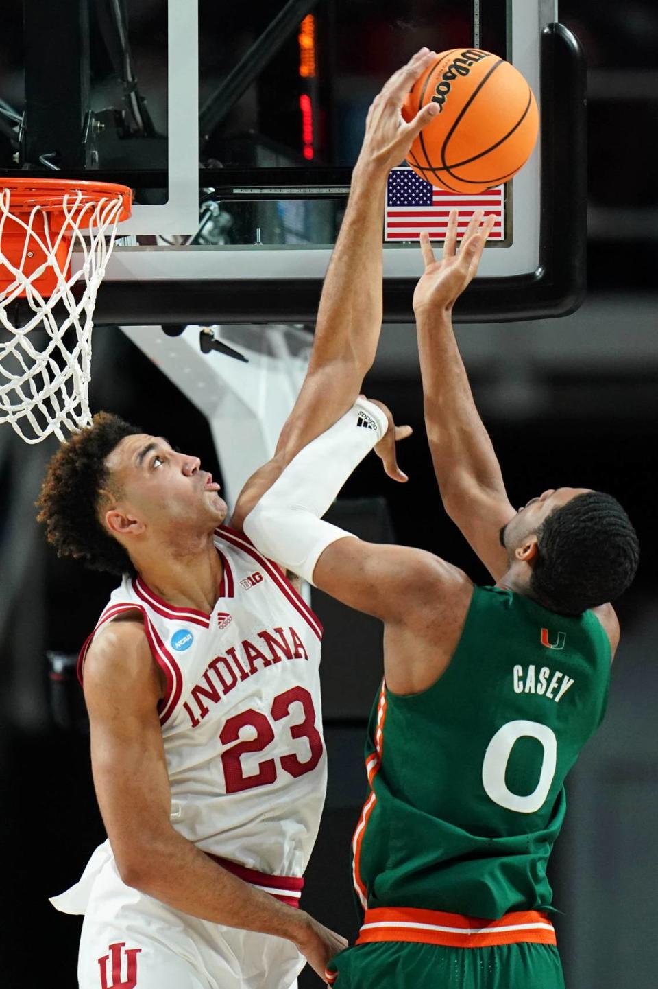 Indiana Hoosiers forward Trayce Jackson-Davis (23) blocks the shot of Miami (Fl) Hurricanes forward A.J. Casey (0) during the first half March 19, 2023, at MVP Arena in Albany, New York. David Butler II/USA TODAY Sports