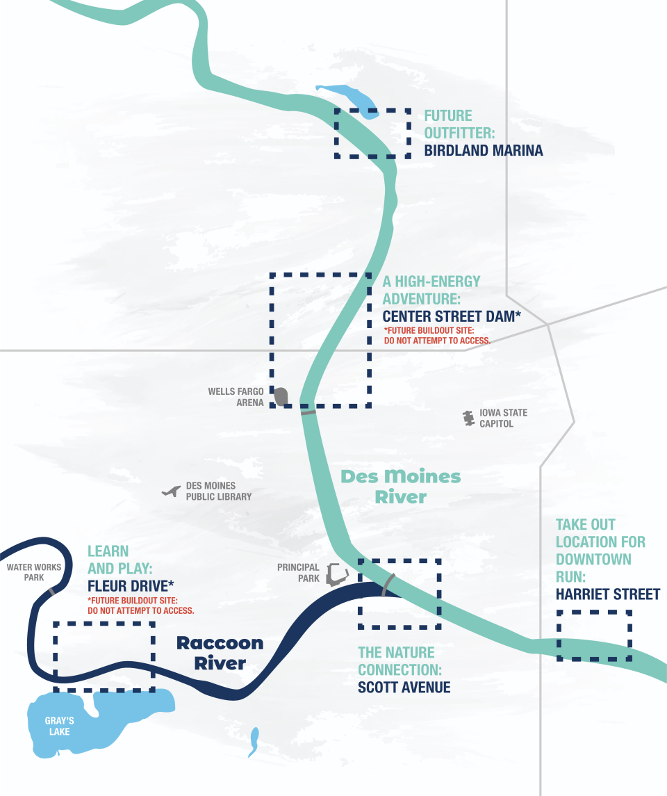 The Iowa Confluence Water Trails, or ICON, is working to make improvements along 150 miles of central Iowa rivers and creeks. This map shows where improvements are proposed in Des Moines.