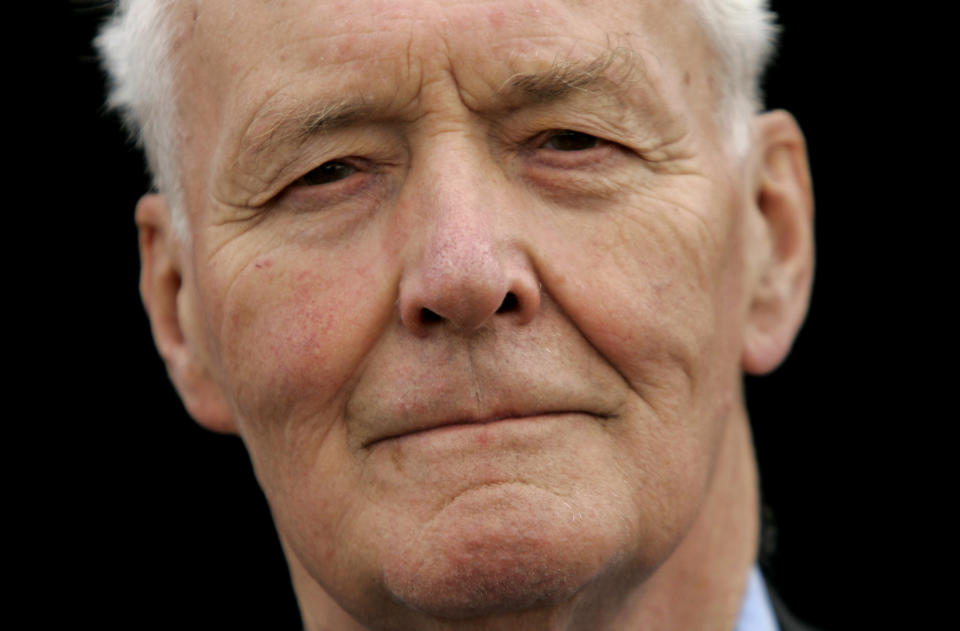 FILE - Former British Labour party politician Tony Benn poses for a portrait during a rally in Hyde Park, London, in this Saturday Sept. 24, 2005 file photo. Benn, a committed British socialist who irritated, fascinated _ and bored _ Britons through a political career spanning more than five decades and who renounced his aristocratic title rather than leave the House of Commons, has died. He was 88. His family said in a statement that Benn died peacefully at his home in west London on Friday. It did not give a cause for death. (AP Photo/Matt Dunham, File)