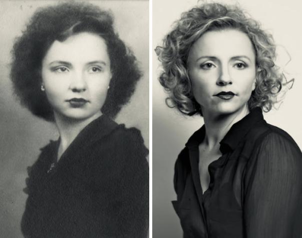 “Mi abuela con 16 años en 1944 y yo a la derecha en 2015”