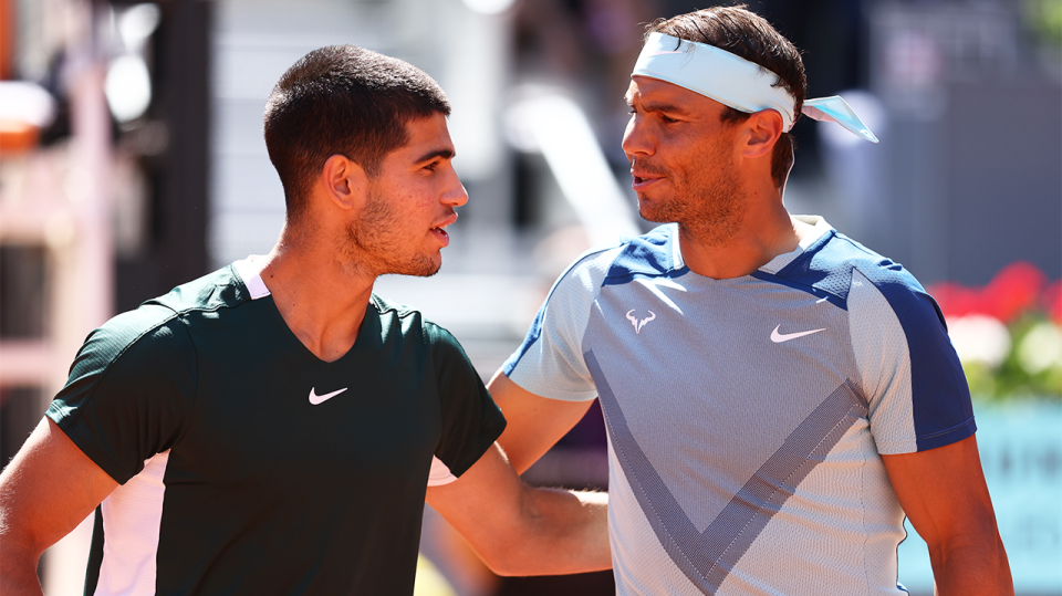 Young Spaniard Carlos Alcaraz (pictured left) greeting Rafa Nadal (pictured right) at the Madrid Open.