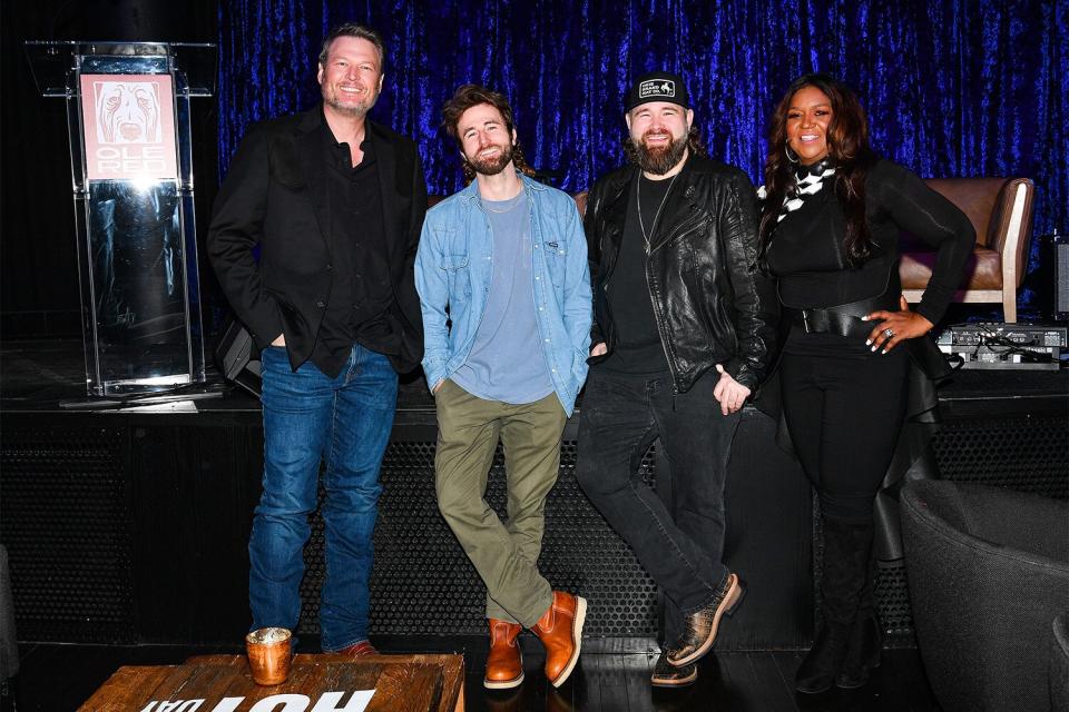 LAS VEGAS, NEVADA - JANUARY 19: (L-R) Blake Shelton, Colton Swon and Zach Swon of The Swon Brothers, and Wendy Moten attend an event celebrating the groundbreaking of the future site of Ole Red Las Vegas at Horseshoe Las Vegas Hotel & Casino on January 19, 2023 in Las Vegas, Nevada. (Photo by Denise Truscello/Getty Images for Ole Red Las Vegas)