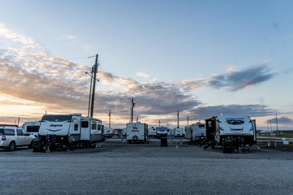 State travel trailers at the Rebecca Plantation group site in Schriever house Terrebonne Parish residents displaced by Hurricane Ida.