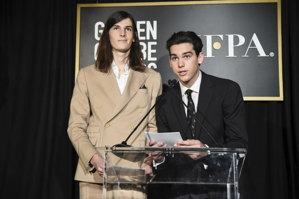 Paris Brosnan, right, and Dylan Brosnan at the Hollywood Foreign Press Association and The Hollywood Reporter celebration of the 2020 award season and Golden Globe Ambassador reveal at Catch LA on Thursday, Nov. 14, 2019, in West Hollywood, Calif. (Photo by Dan Steinberg/Invision/AP)