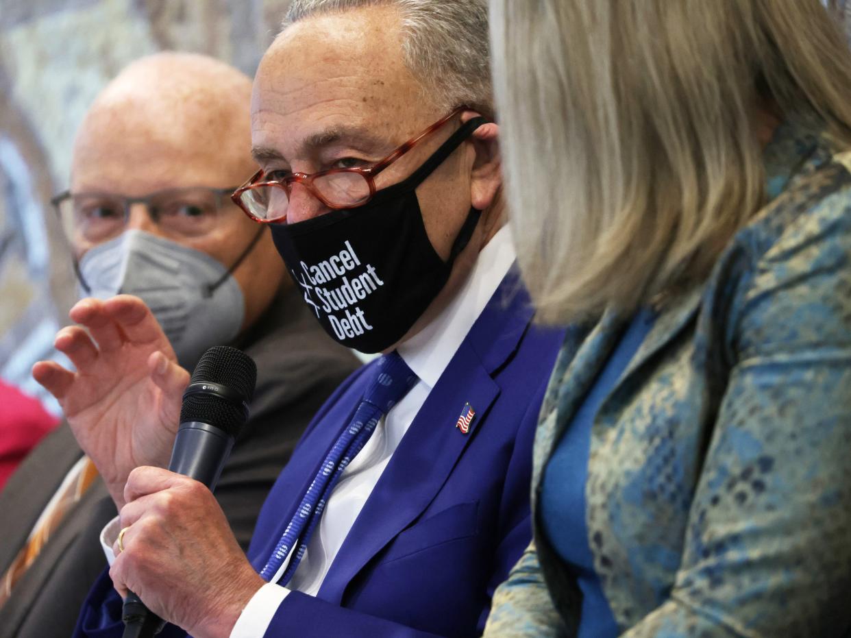 WASHINGTON, DC - JUNE 22: U.S. Senate Majority Leader Sen. Chuck Schumer (D-NY) speaks on student debt at the AFL-CIO on June 22, 2022 in Washington, DC. The AFL-CIO held an event to discuss “the importance of student debt cancellation for American workers.”