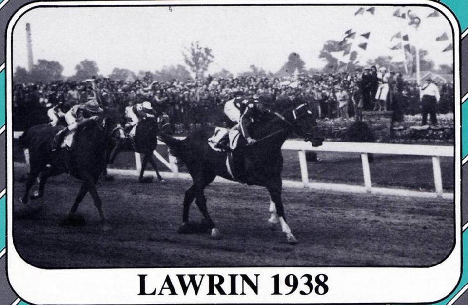 A Kentucky Derby trading card featuring racehorse Lawrin, the 1938 winner at Churchill Downs who was bred in Kansas City.